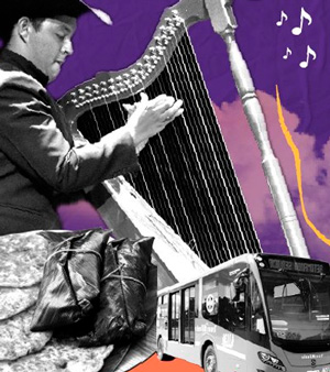 Collage de una persona tocando el arpa, un par de tamales y transmilenio